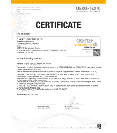 Grasim, Harihar OekoTex 100 Certificate Aug'2023