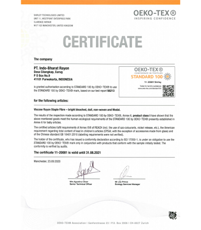 PT IBR, Indonesia OekoTex 100 Certificate Aug'2022