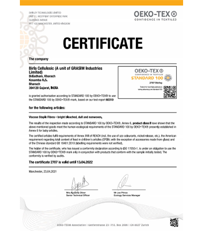 Grasim BC, Kharach OekoTex 100 Certificate Apr'2022