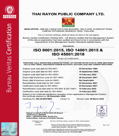 Thai Rayon, Thailand ISO 9001,14001, 45001 Certificate Dec 2024