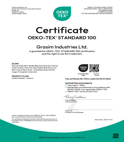 Grasim SFD, Nagda OekoTex 100 Certificate Jan'2025