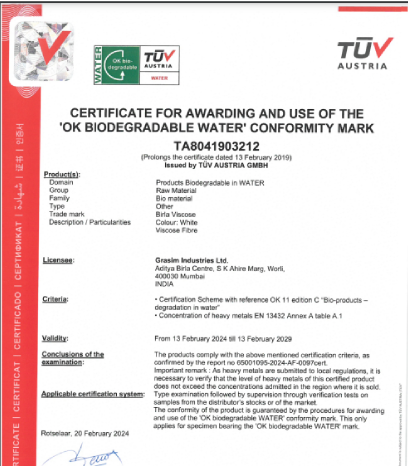 Grasim Industries - Certificate For Awarding And Use Of The 'Ok Biodegradable Water' Conformity Mark