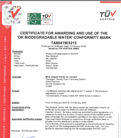 Birla Jingwei - Certificate For Awarding And Use Of The ‘OK BIODEGRADABLE WATER’ Conformity Mark